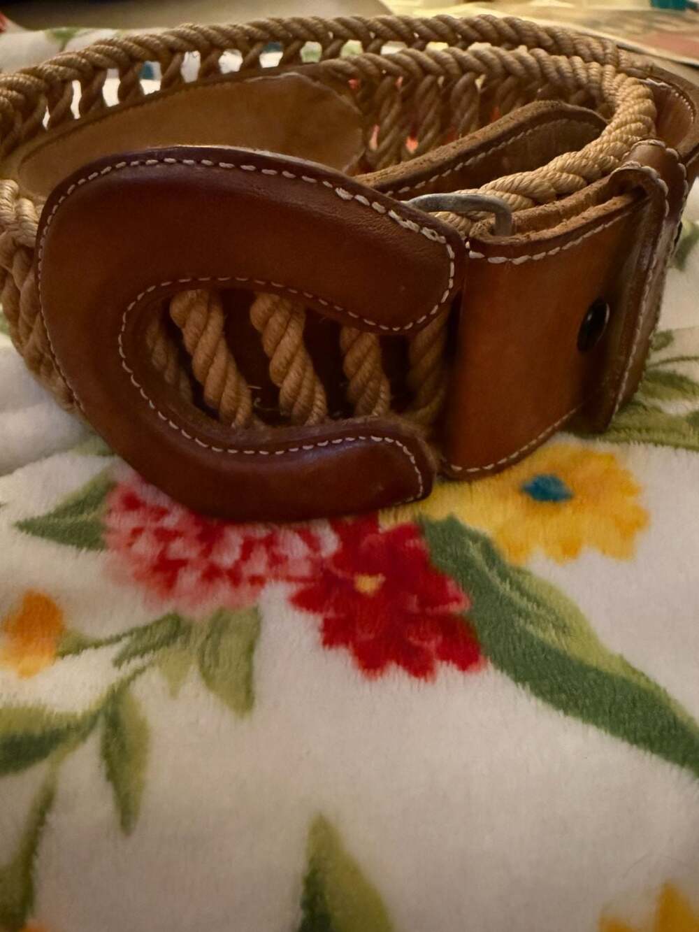 Vintage Brown Leather and Woven Rope Braided Belt with Leather Covered Buckle Si